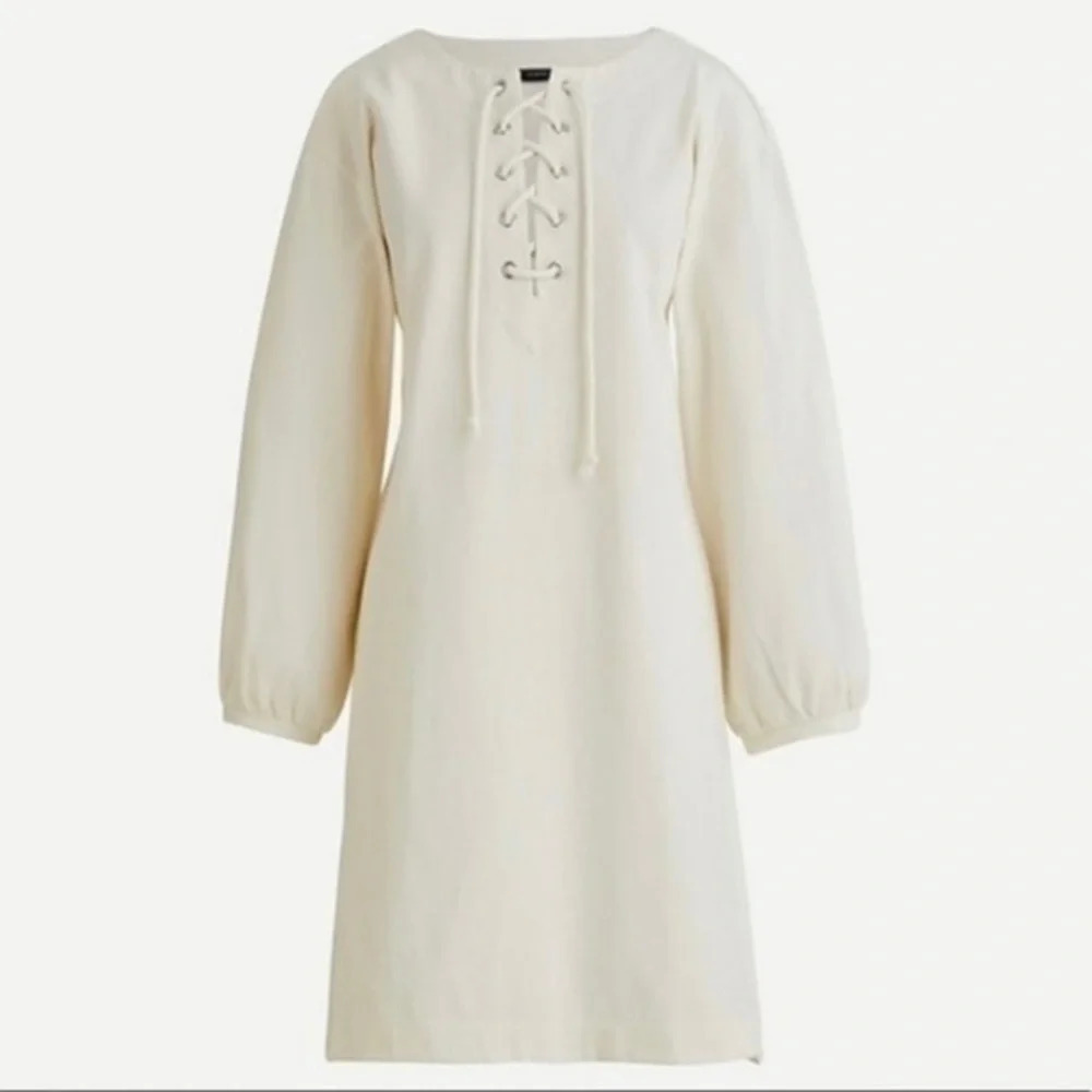 New J Crew Lace Up Balloon Sleeve Dress Ivory AX320